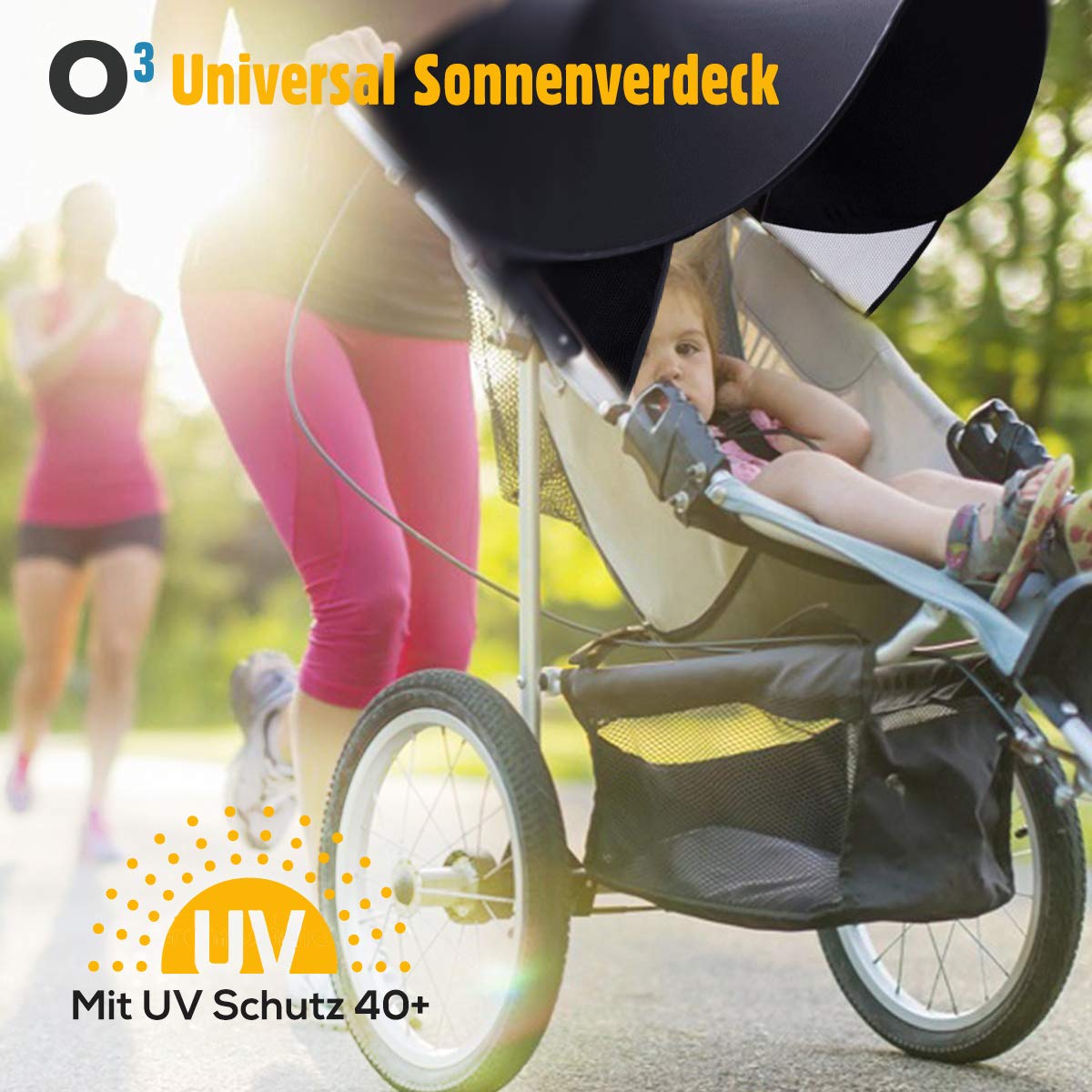 O³ universaalne vankri päikesevari UV-kaitsega 40+, pop-up, must