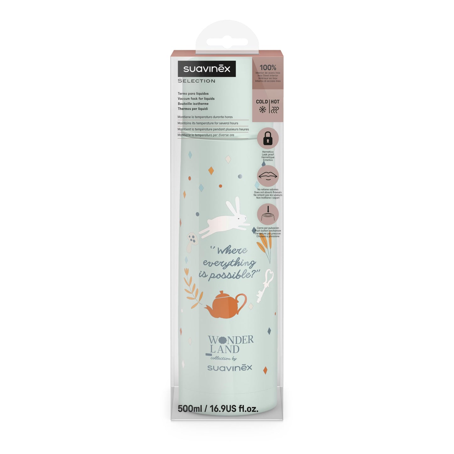 Suavinex roostevabast terasest termospudel 500 ml, roheline (Wonderland kollektsioon)