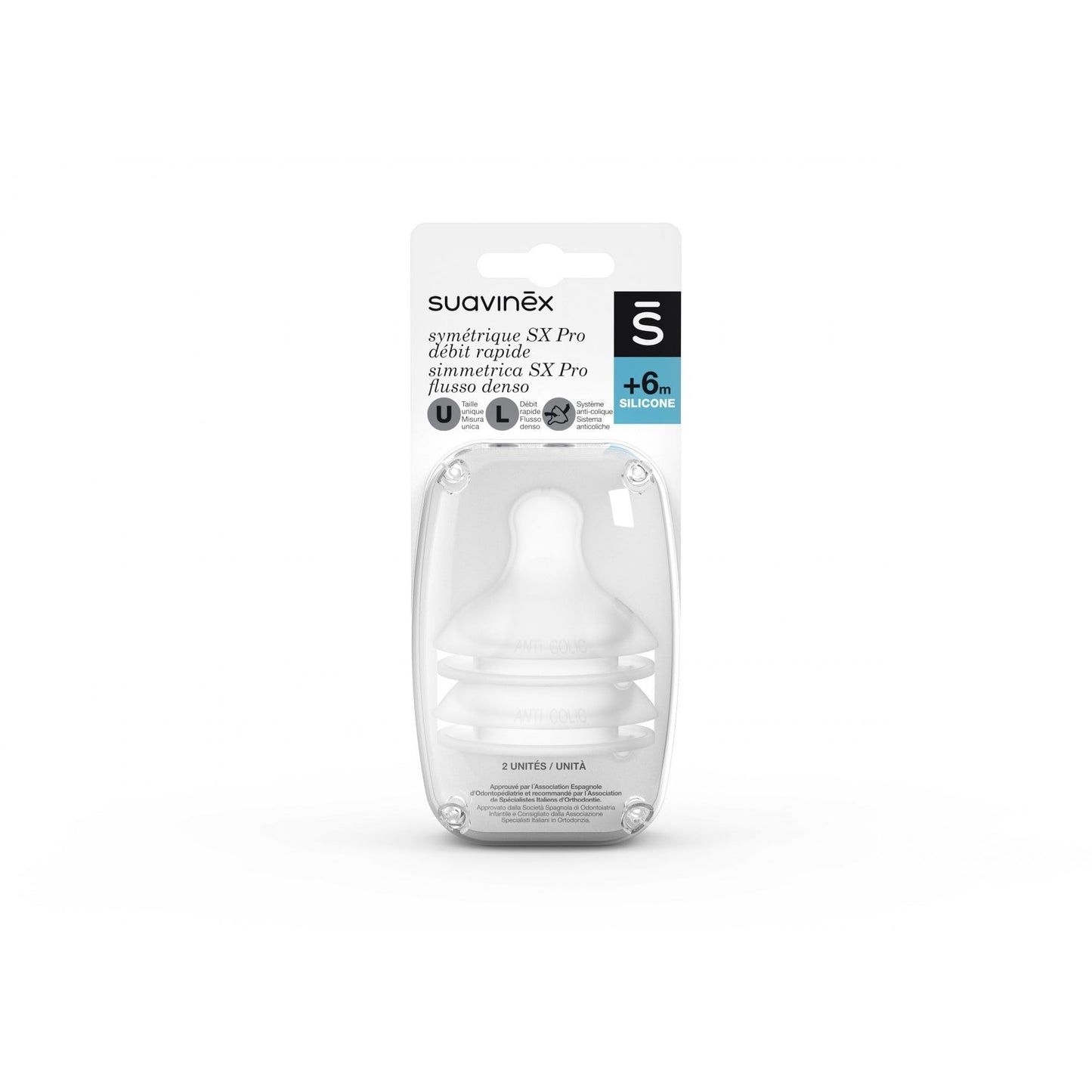 SUAVINEX 307388 sümmeetriline lutipudeli lutt SX Pro, silikoon, 2 tk, +6 kuud