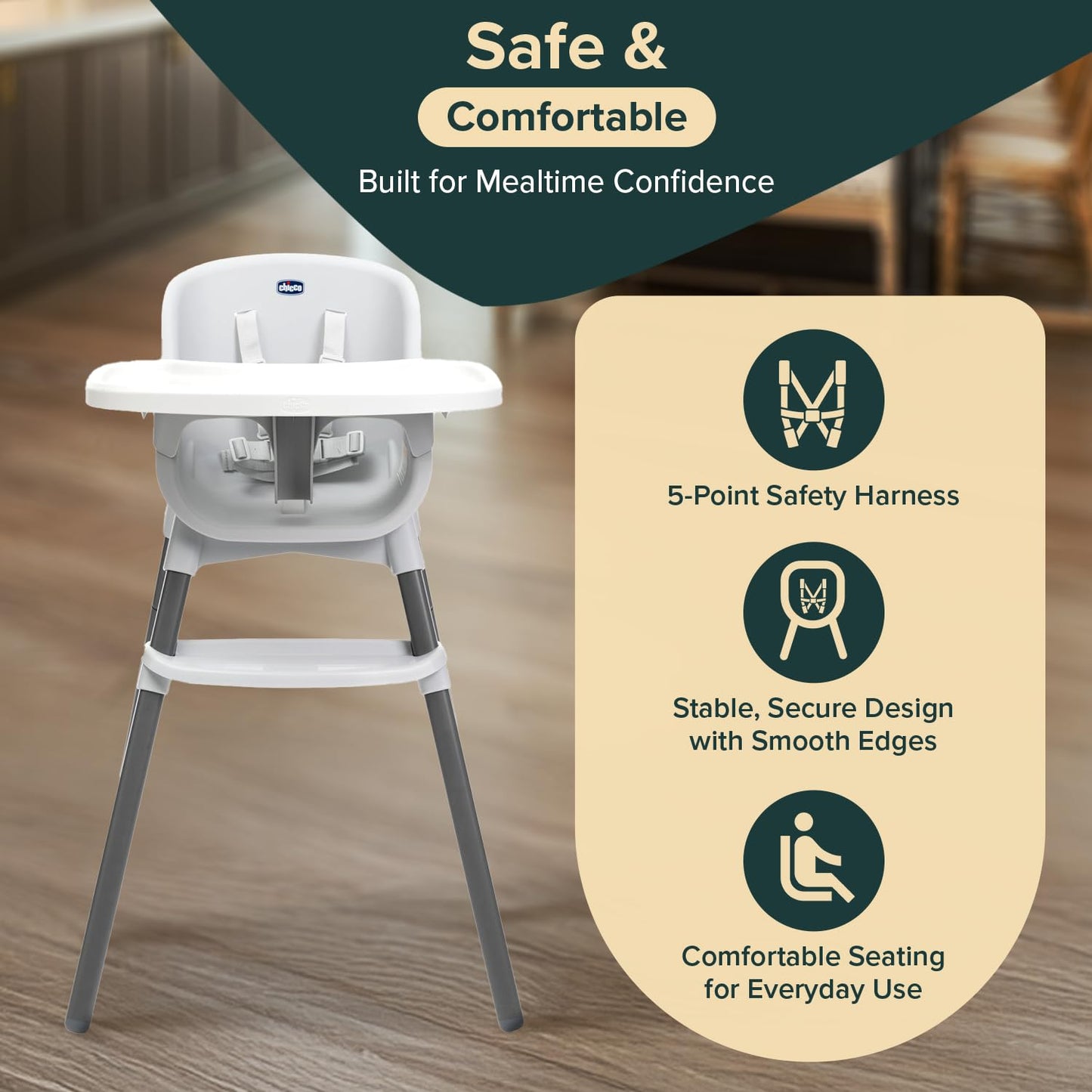 Chicco Zest söögitool Moon Grey, hall, alates 6 kuust kuni 40 kg