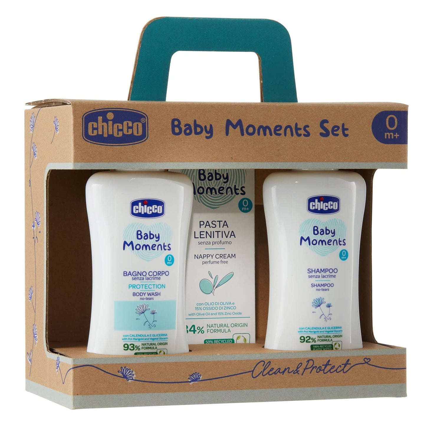 Chicco Baby Moments beebihoolduskomplekt vastsündinutele (dušigeel, šampoon ja mähkmekreem)