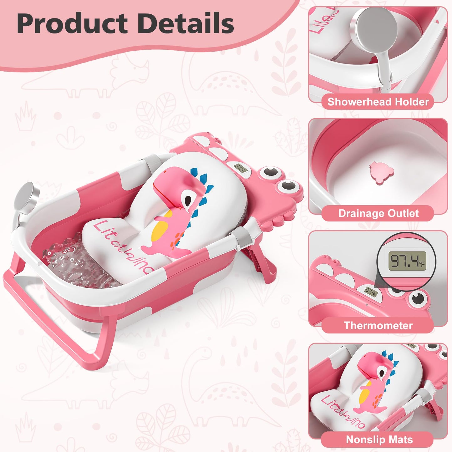 Kokkupandav beebivann termomeetri ja pehme ujupadjaga, roosa krokodill