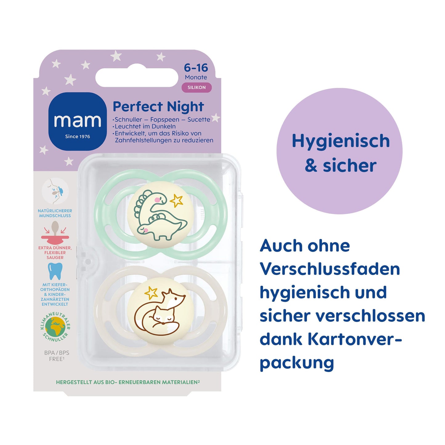 MAM Perfect Night silikoonlutt 6–16 kuud, helendav, dinosaurus/rebane, 2 tk