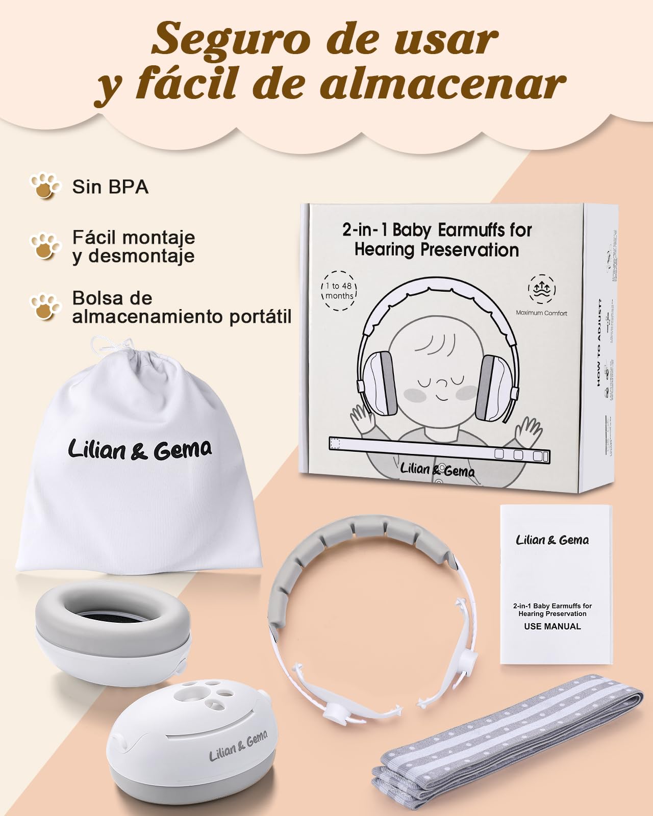 Lilian&Gema 2-in-1 beebide kõrvakaitsed müra vastu, sidumispaelaga, kuni 48 kuud