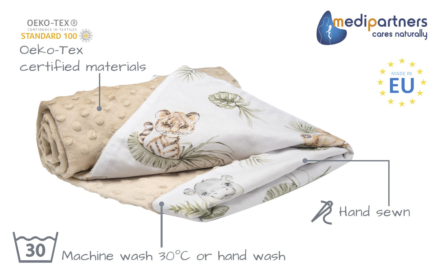 Medi Partners beebitekk 75 × 100 cm, puuvill ja pehme plüüs – Safari/beez