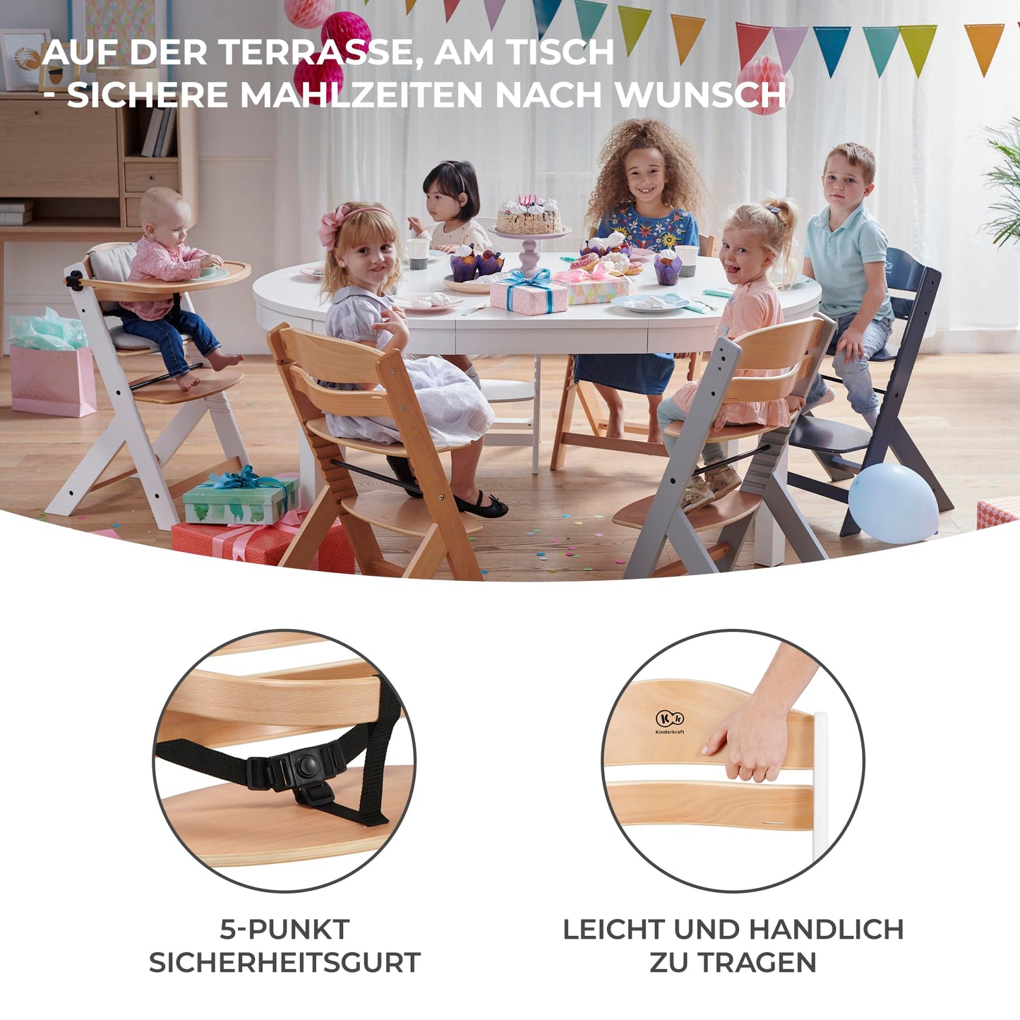 Kinderkraft ENOCK 3-ühes puidust söögitool istmepadjaga, hall