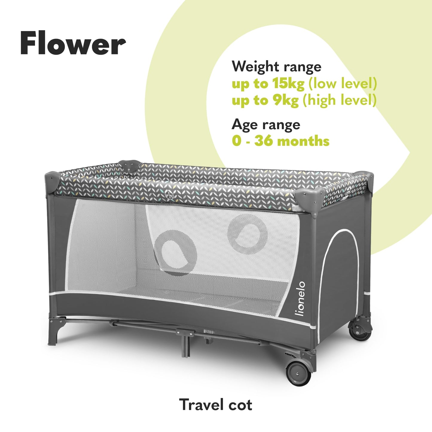 Lionelo FLOWER 2-ühes reisivoodi ja mänguaedik mähkimisalusega, Grey Scandi