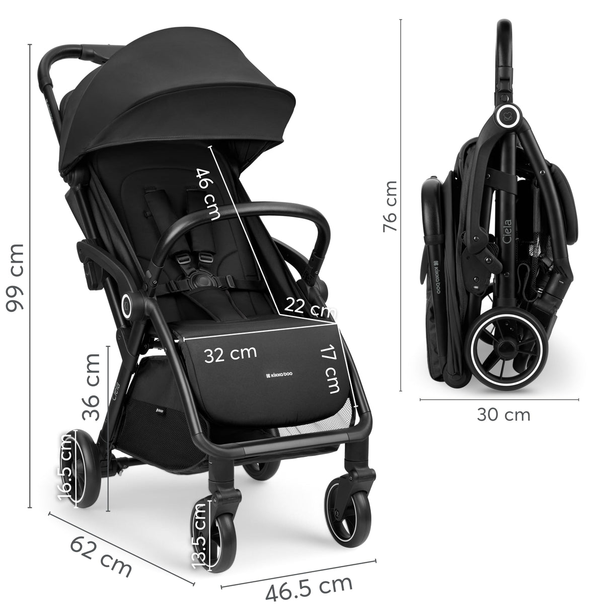 Kikka Boo CIELA kevyet matkarattaat, taittuu kokoon automaattisesti, 7,1 kg, musta, enintään 22 kg