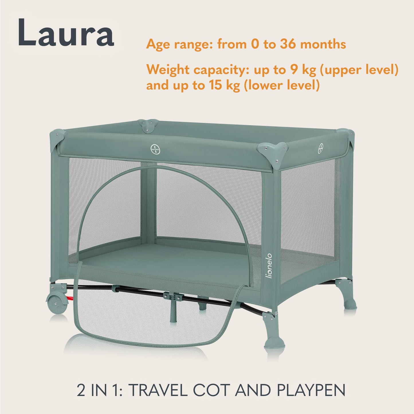 Lionelo Laura Compact 2-in-1 reisivoodi ja mänguaedik Green