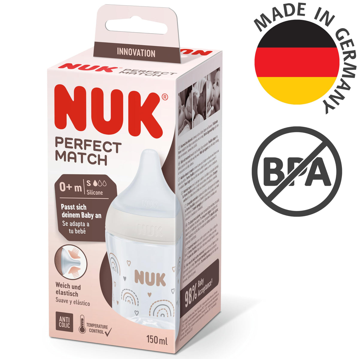 NUK Perfect Match tuttipullo 150 ml, Rainbow (0+ kuukautta)