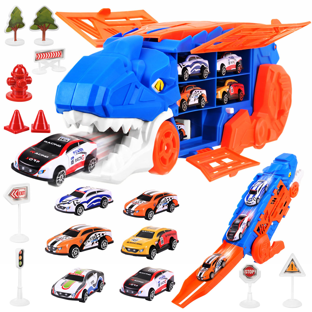 T-Rex-lelurekka 5-in-1: autonkuljetusauto, kilparata ja laukaisin, 6 autolla (3 vuoden iästä alkaen)