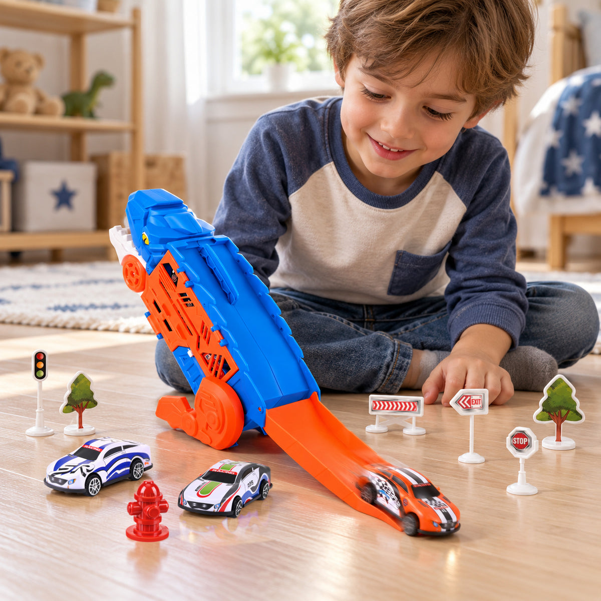 T-Rex-lelurekka 5-in-1: autonkuljetusauto, kilparata ja laukaisin, 6 autolla (3 vuoden iästä alkaen)