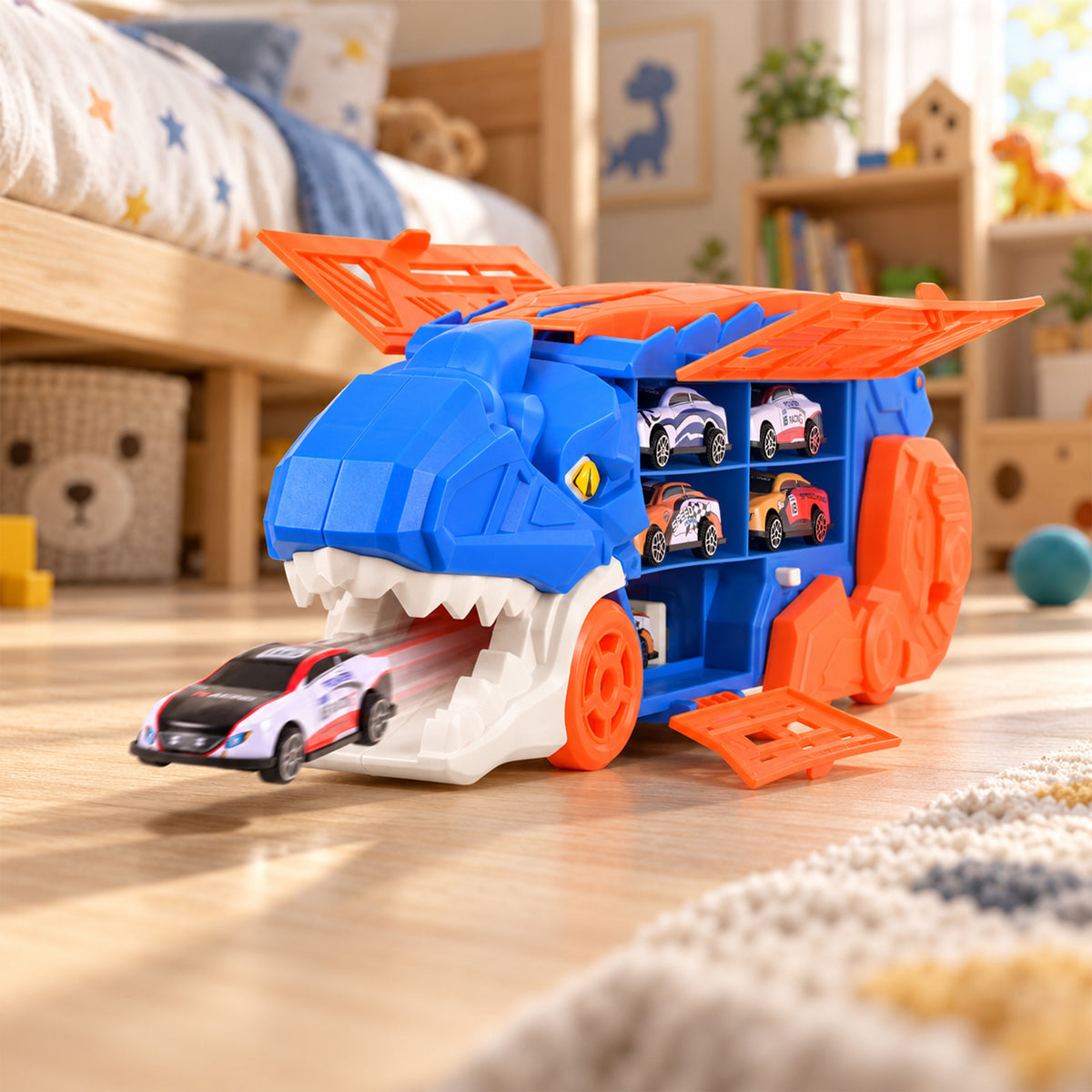 T-Rex-lelurekka 5-in-1: autonkuljetusauto, kilparata ja laukaisin, 6 autolla (3 vuoden iästä alkaen)