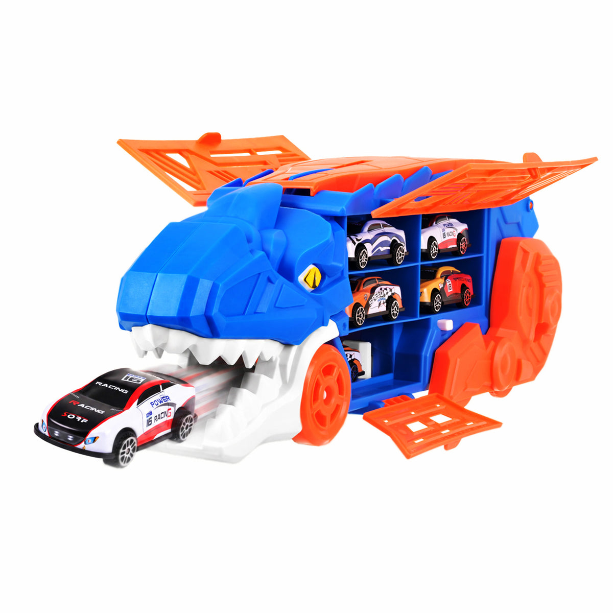T-Rex-lelurekka 5-in-1: autonkuljetusauto, kilparata ja laukaisin, 6 autolla (3 vuoden iästä alkaen)