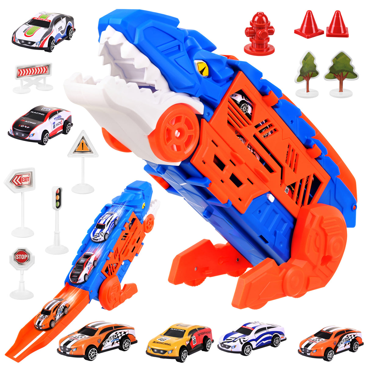 T-Rex-lelurekka 5-in-1: autonkuljetusauto, kilparata ja laukaisin, 6 autolla (3 vuoden iästä alkaen)