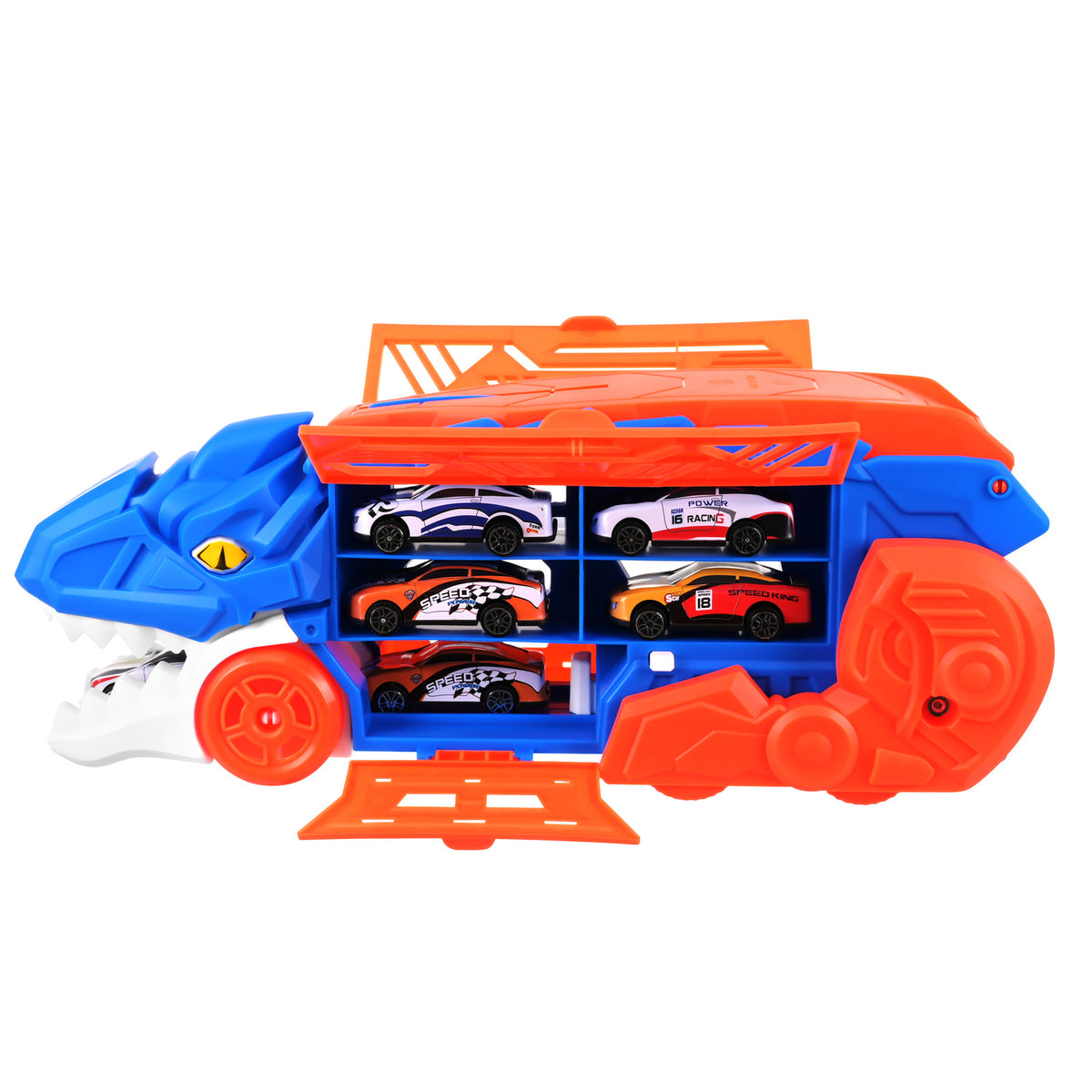 T-Rex-lelurekka 5-in-1: autonkuljetusauto, kilparata ja laukaisin, 6 autolla (3 vuoden iästä alkaen)