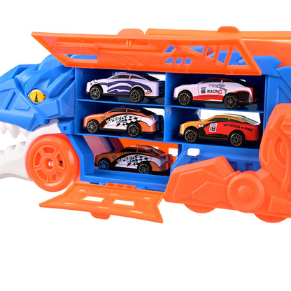 T-Rex-lelurekka 5-in-1: autonkuljetusauto, kilparata ja laukaisin, 6 autolla (3 vuoden iästä alkaen)