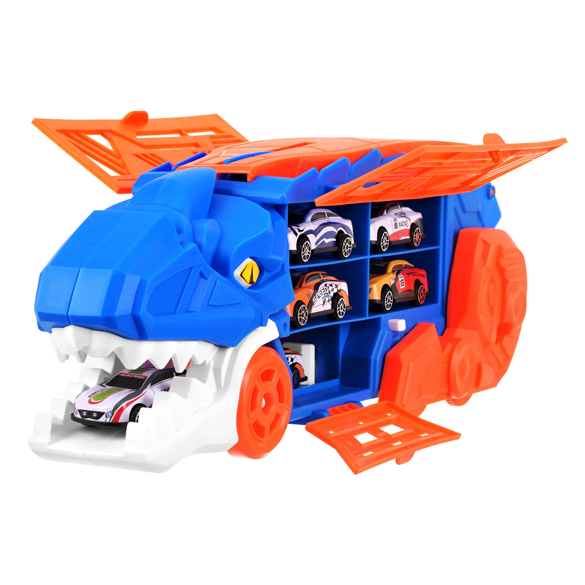 T-Rex-lelurekka 5-in-1: autonkuljetusauto, kilparata ja laukaisin, 6 autolla (3 vuoden iästä alkaen)