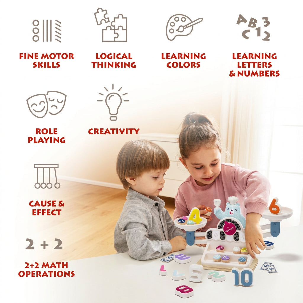 Topbright Yummy Bear matematiikkapeli, vaaka kuppikakuilla ja numeroilla (3+)