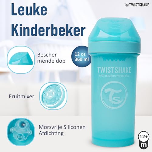 Twistshake Kid Cup lekkekindel joogipudel puuviljasegajaga 360 ml – sinine