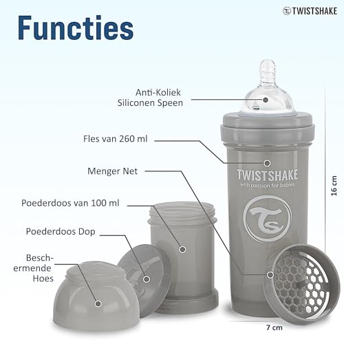 Twistshake koolikuvastane lutipudel 260 ml + piimapulbri konteiner, hall