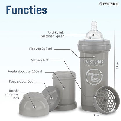Twistshake koolikuvastane lutipudel 260 ml + piimapulbri konteiner, hall