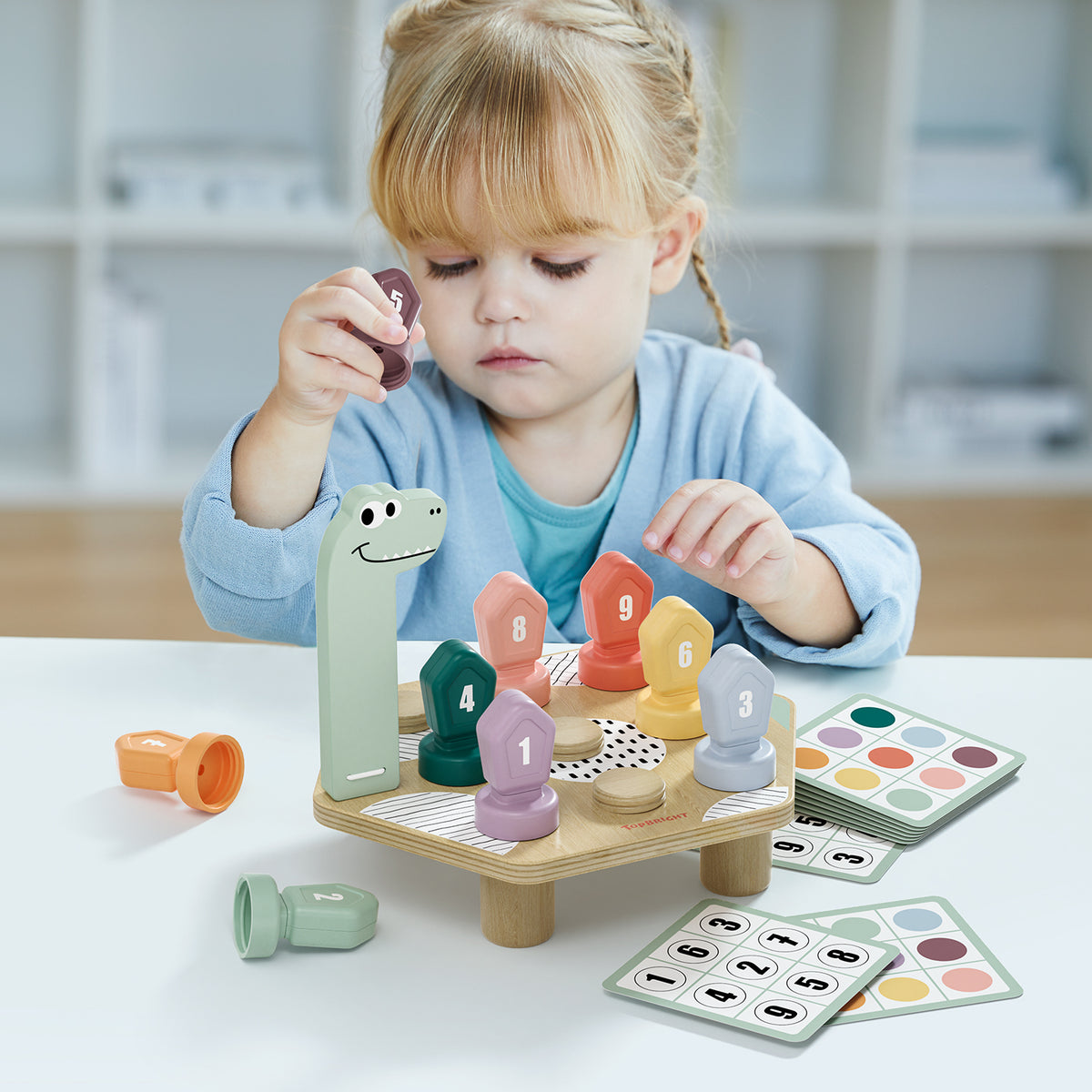 Topbright Happy Dino Twist puinen dinosaurus, värien ja numeroiden oppimispeli käännettävillä palikoilla (3+)