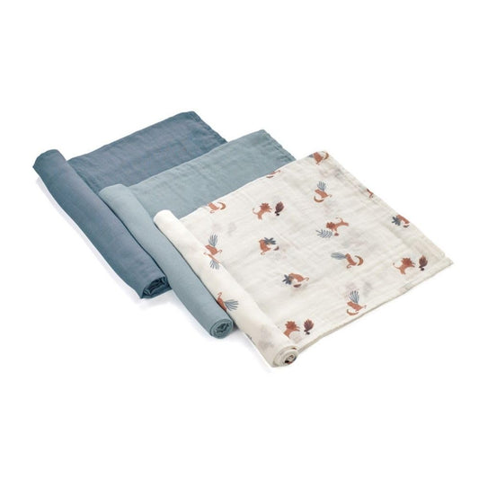 Jané musliinist marlid (3 tk), mitmeotstarbelised imetamis- ja hooldusrätikud, puuvilla-bambusekangas, 80 × 80 cm, sinine