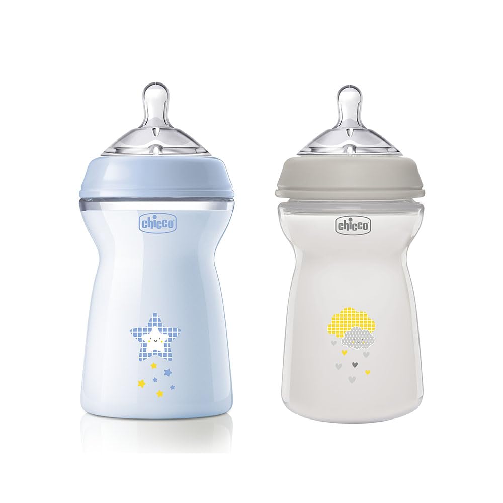 Chicco Natural Feeling koolikuvastased lutipudelid 6+ kuud, 2 tk, 330 ml, helesinine/hall