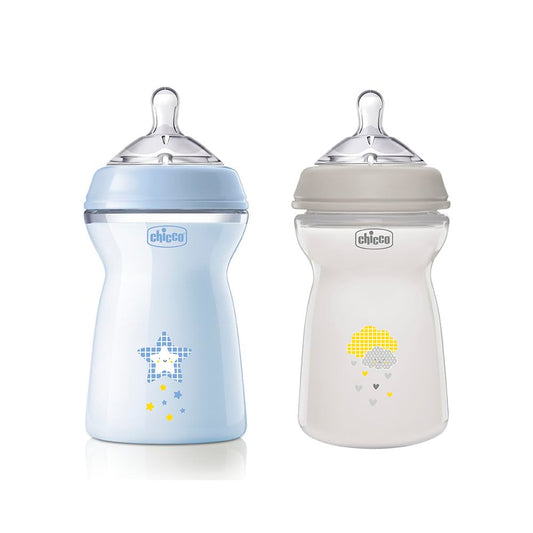 Chicco Natural Feeling koolikuvastased lutipudelid 6+ kuud, 2 tk, 330 ml, helesinine/hall