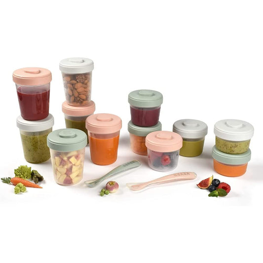 Béaba toidupakendite komplekt 12-osaline, 2 silikoonlusikat, Eucalyptus, 90 ml + 150 ml + 250 ml