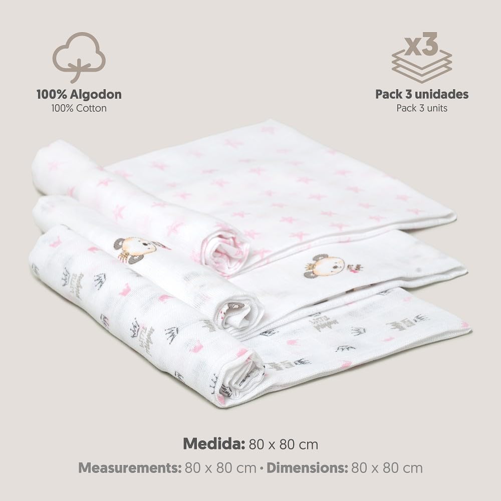 Interbaby 3-osaline marlite komplekt, 80 × 80 cm, roosade mustritega