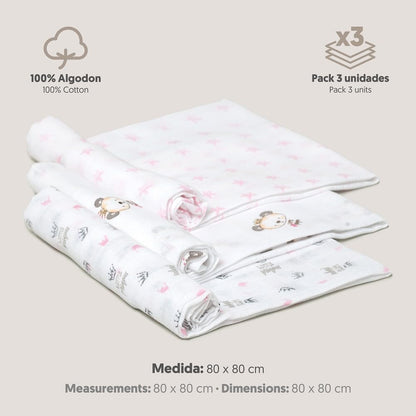 Interbaby 3-osaline marlite komplekt, 80 × 80 cm, roosade mustritega