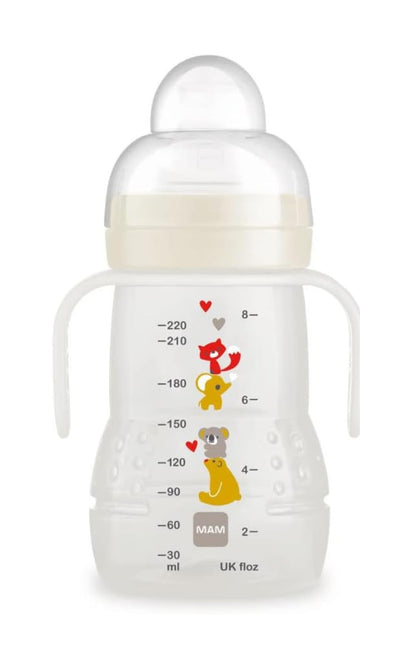 MAM 2-in-1 õpipudel ja joogitops, 220 ml, alates 4. elukuust, beež
