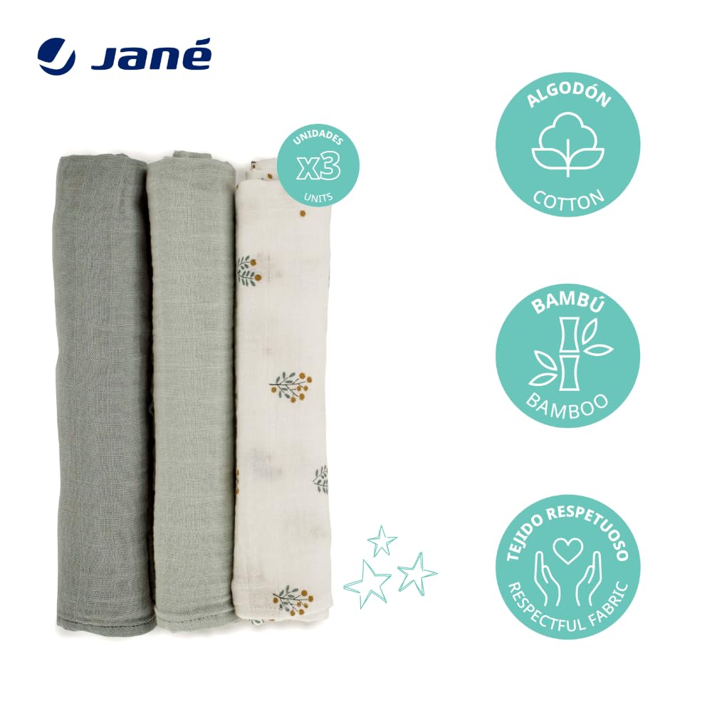Jané musliinist marlid (3 tk), mitmeotstarbelised imetamis- ja hooldusrätikud, puuvilla-bambusekangas, 80 × 80 cm, rohelised