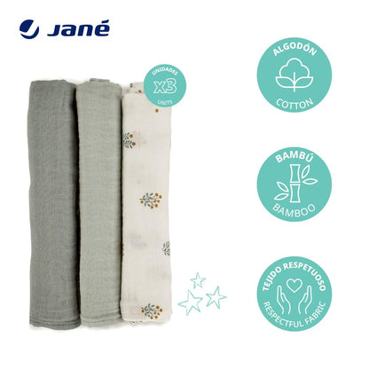 Jané musliinist marlid (3 tk), mitmeotstarbelised imetamis- ja hooldusrätikud, puuvilla-bambusekangas, 80 × 80 cm, rohelised