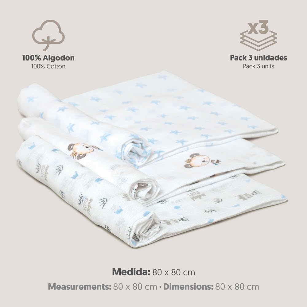 Interbaby 3-osaline marlite komplekt, 80 × 80 cm, siniste mustritega