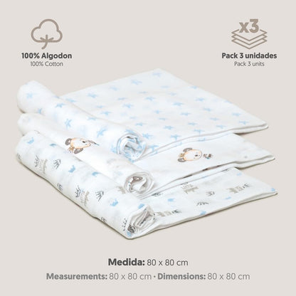 Interbaby 3-osaline marlite komplekt, 80 × 80 cm, siniste mustritega