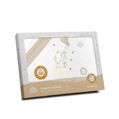 Interbaby voodipesukomplekt beebivoodile 50 x 80 cm, flanell, valge/beež elevant