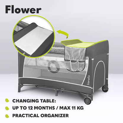 Lionelo FLOWER 2-ühes reisivoodi ja mänguaedik mähkimisalusega, Grey Scandi