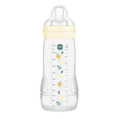 MAM Easy Active tuttipullo 330 ml, nopeavirtaus silikonitutilla, 6 kk ikäisestä, keltainen