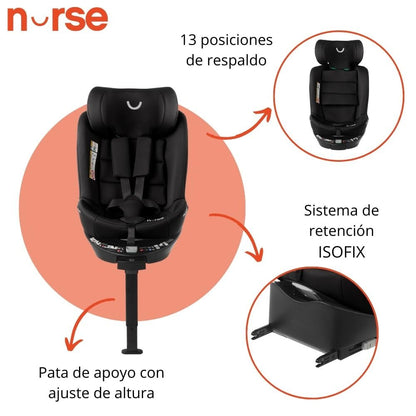 Nurse Scope i-Size 360° pöörlev turvatool 40–150 cm / 0–12 a, ISOFIX ja tugijalg, must