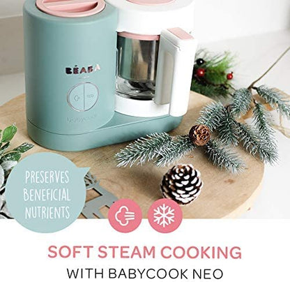 Béaba Babycook Neo 4-ühes beebitoiduvalmistaja, roostevabast terasest ja klaasist, eukalüptiroheline