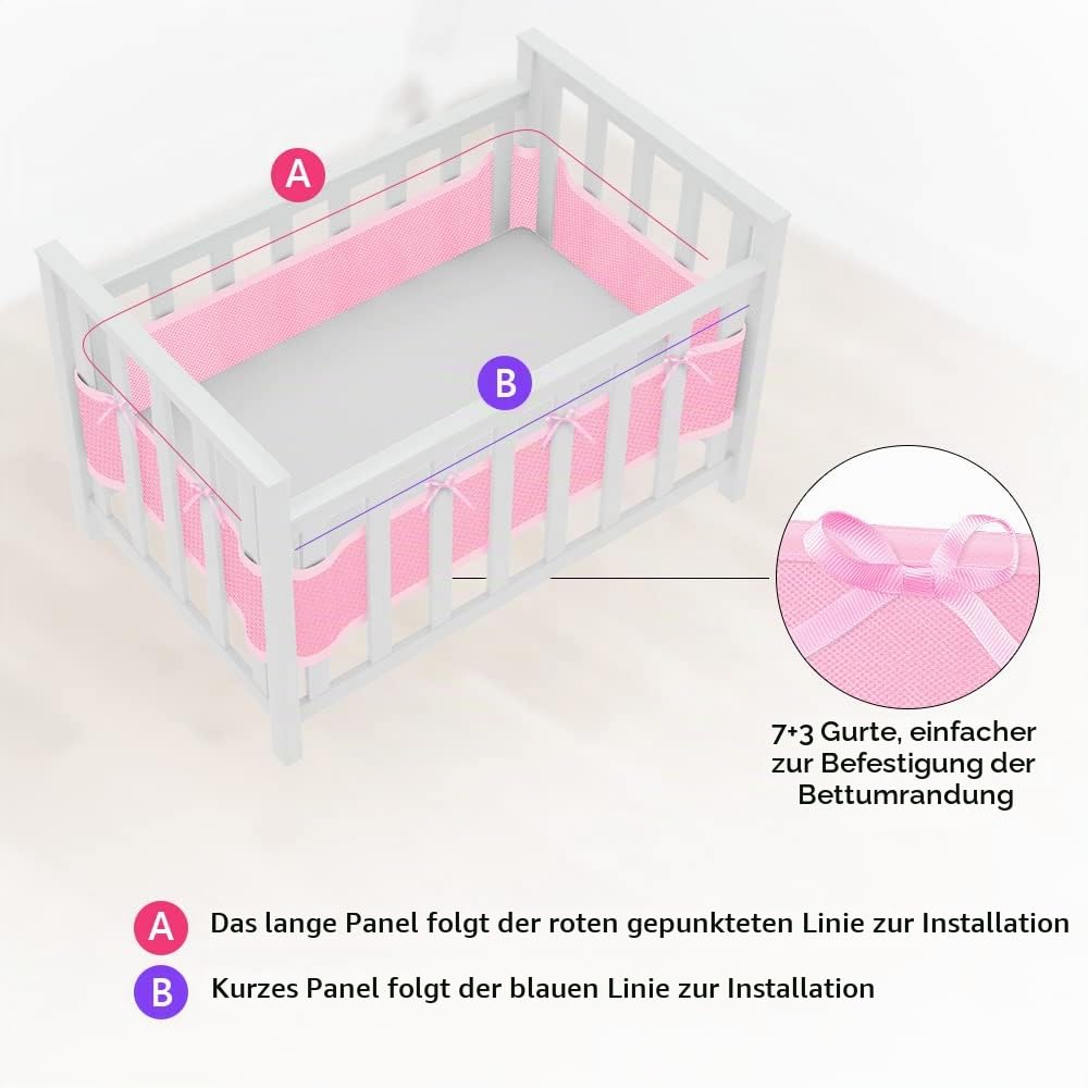 Vicloon vauvansängyn reunapehmuste, 2 kpl, vaaleanpunainen, 340 cm + 160 cm