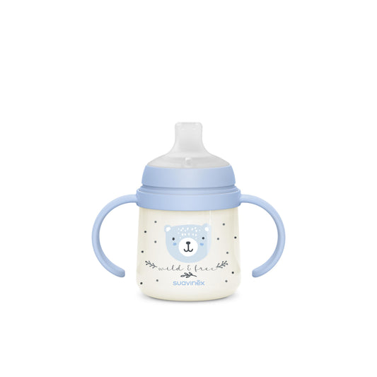 SUAVINEX opetusmuki pimeässä hohtavilla kahvoilla, sininen, 150 ml, +6 kk