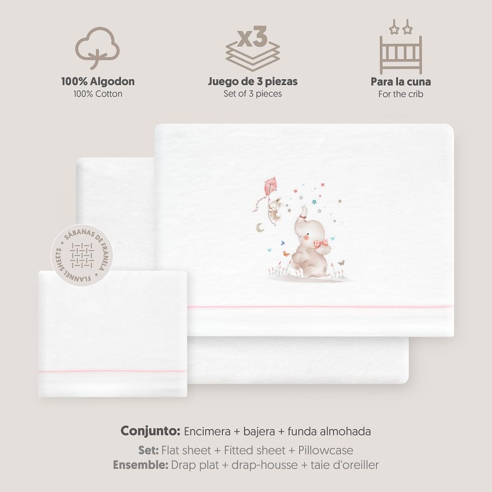 Interbaby talvine beebivoodipesu komplekt 60×120 cm, flanell, elevant valge/roosa