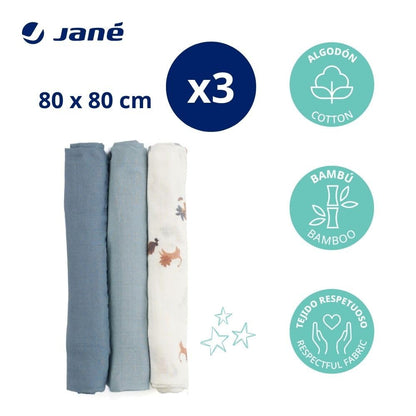 Jané musliinist marlid (3 tk), mitmeotstarbelised imetamis- ja hooldusrätikud, puuvilla-bambusekangas, 80 × 80 cm, sinine