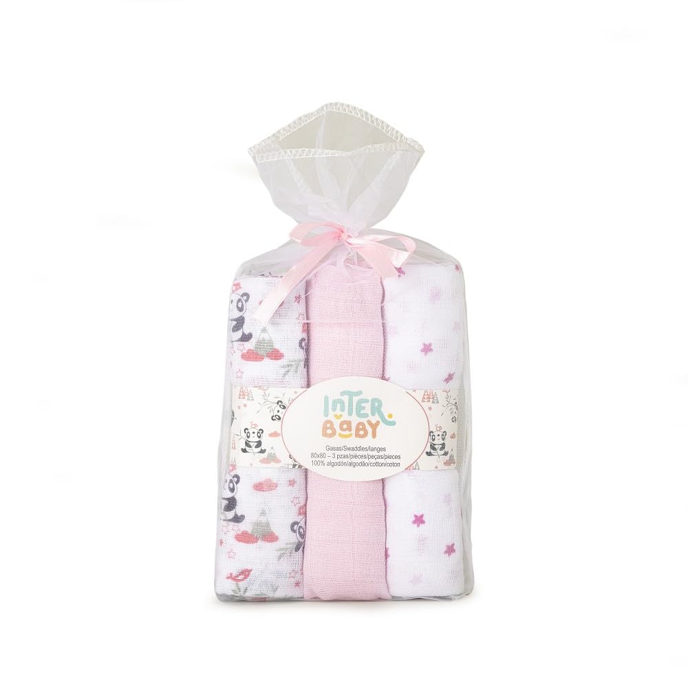 Interbaby puuvillaiset harsopyyhkeet 80 × 80 cm, 3 kpl, vaaleanpunainen, malli 98971-02