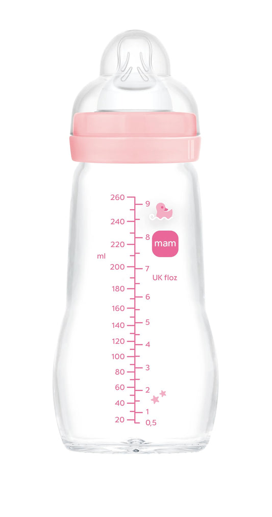 MAM Feel Good klaasist lutipudel 260 ml, 2+ kuud, SkinSoft silikoonlutiga (roosa)