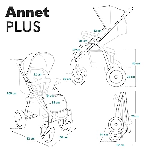 Lionelo ANNET PLUS kerge jalutuskäru, ühe käega kokkupandav, XXL varikatus UPF50+, kuni 22 kg